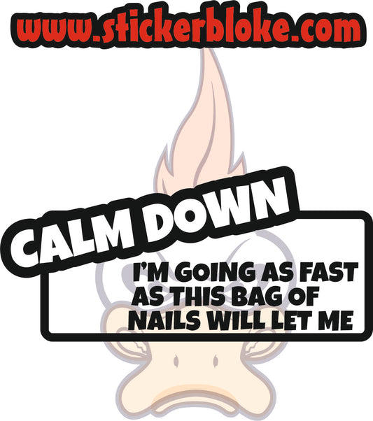 CALM DOWN IM GOING AS FAST AS THIS BAG OF NAILS WILL LET ME