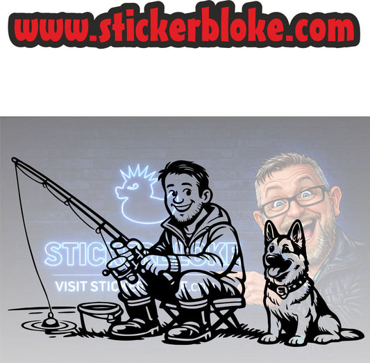 FISHING MAN SAT WITH GERMAN SHEPHERD