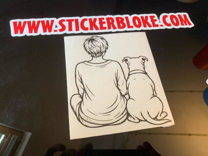 LADY SAT WITH STAFFY DOG SHORT HAIR