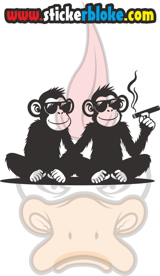 CHIMPS WITH A CIGAR STICKER