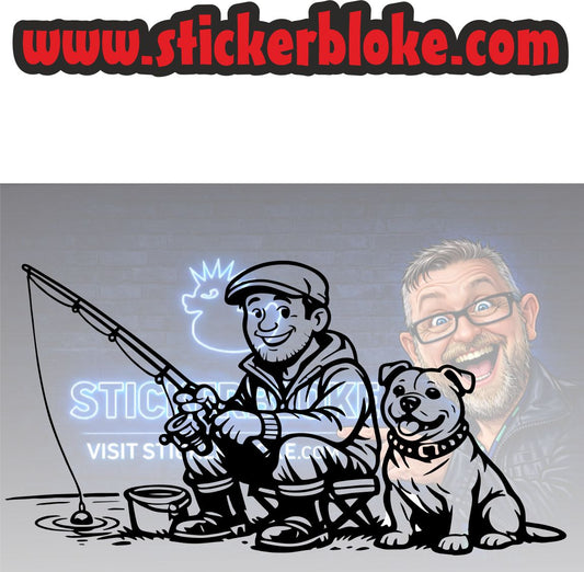 FISHING MAN SAT WITH STAFFY DOG
